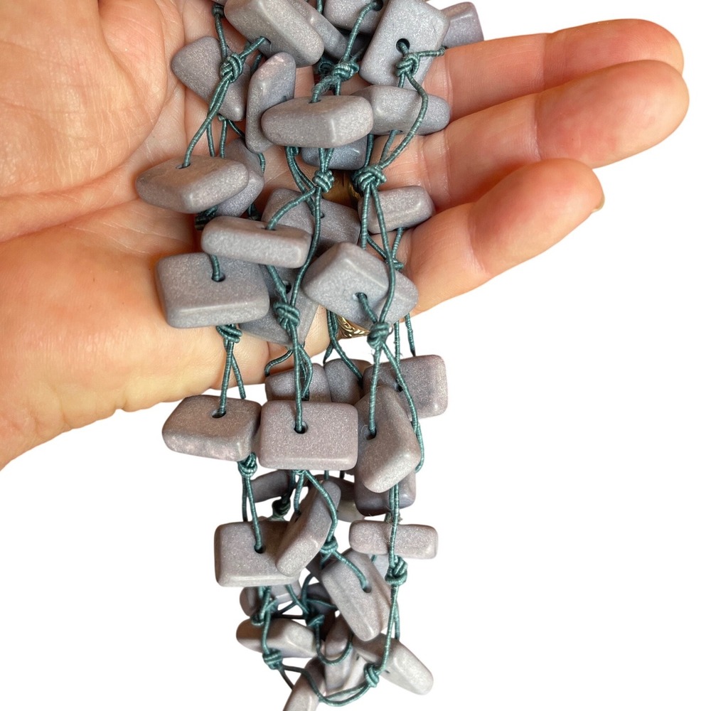 Handcrafted Multi-Strand Matte Grey Square Bead Statement Necklace Teal Cord - Picture 9 of 9